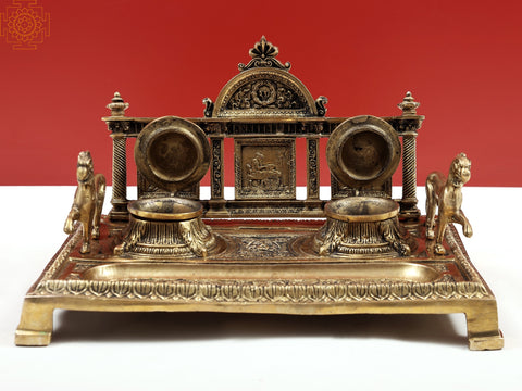 7" Brass Two-Sided Lion Decorative Double Inkwell (Inkpot) | Handmade