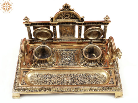 7" Brass Two-Sided Lion Decorative Double Inkwell (Inkpot) | Handmade