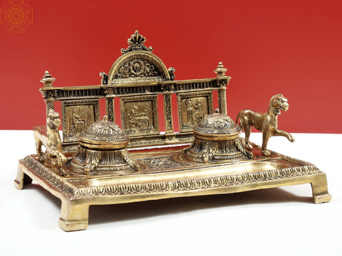 7" Brass Two-Sided Lion Decorative Double Inkwell (Inkpot) | Handmade