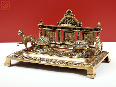 7" Brass Two-Sided Lion Decorative Double Inkwell (Inkpot) | Handmade
