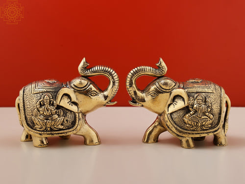 4" Handmade Trunk Up Elephant Pair Brass Statue Lakshmi Ganesha