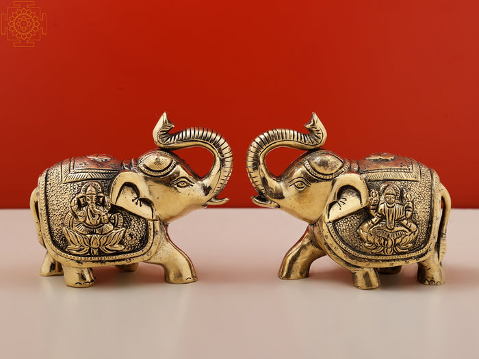 4" Handmade Trunk Up Elephant Pair Brass Statue Lakshmi Ganesha