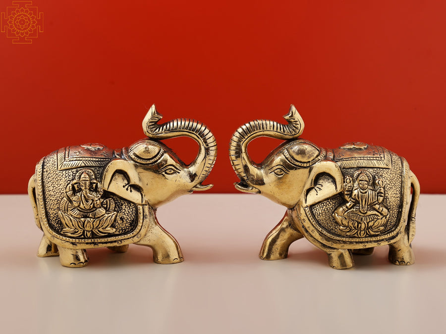 4" Handmade Trunk Up Elephant Pair Brass Statue Lakshmi Ganesha
