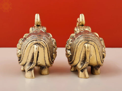 4" Handmade Trunk Up Elephant Pair Brass Statue with Engraved Lakshmi Ganesha