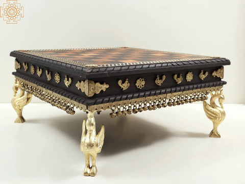 17" Wooden Chowki with Brass Decoration and Ghungroos  | Wooden Pedestal | Handmade