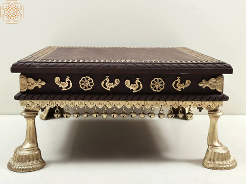17" Wooden Chowki with Brass Decoration and Ghungroos  | Wooden Pedestal | Handmade
