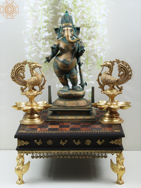 17" Wooden Chowki with Brass Decoration and Ghungroos  | Wooden Pedestal | Handmade