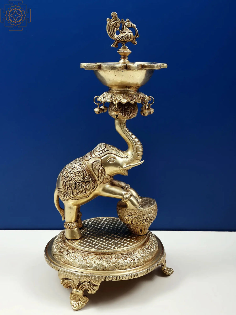 18" Brass Elephant Lifting Lotus Lamp with Ghungroos