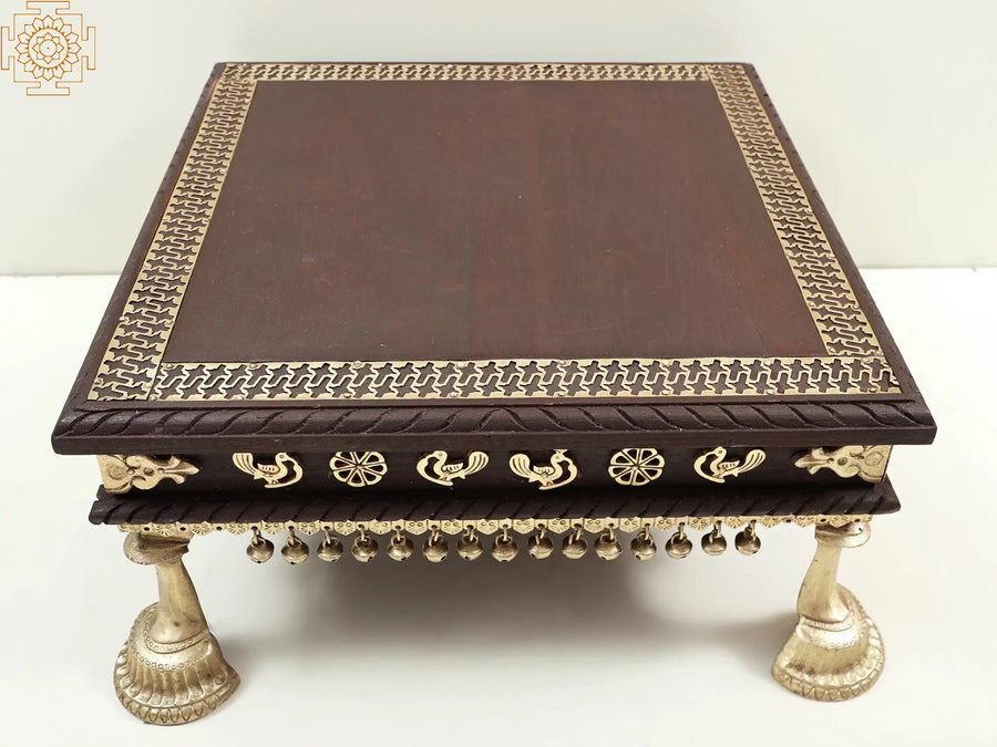 15" Wooden Chowki with Dangling Ghungroos Handmade Pedestal