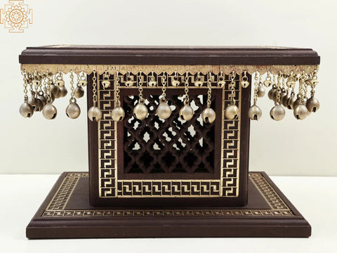 18" High Wooden Pedestal with Lattice, Brass Work, and Ghungroos | Handmade