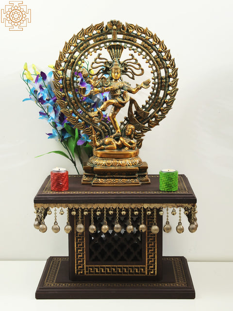 18" High Wooden Pedestal with Lattice, Brass Work, and Ghungroos | Handmade