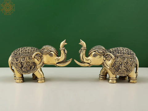 4" Engraved Lakshmi Ganesha Pair of Elephant Statues with Trunk Up | Handmade