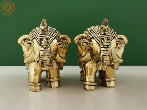 4" Engraved Lakshmi Ganesha Pair of Elephant Statues with Trunk Up | Handmade