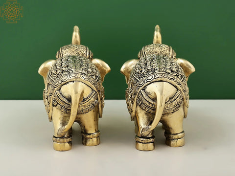 4" Engraved Lakshmi Ganesha Pair of Elephant Statues with Trunk Up | Handmade