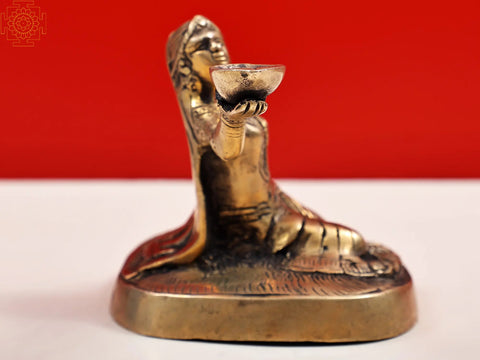 5" Brass Welcome Lady Statue with Diya | Handmade
