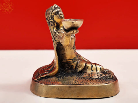5" Brass Welcome Lady Statue with Diya | Handmade