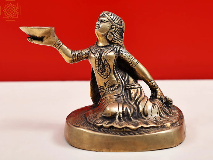 5" Brass Welcome Lady Statue with Diya Holder Handmade