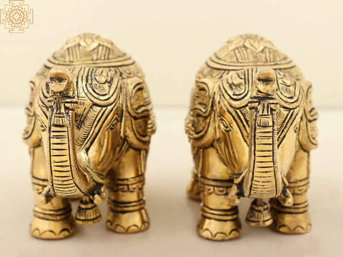 6" Carved Elephant Pair Brass Statue with Trunk Up | Handmade