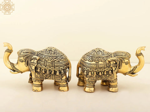 6" Carved Elephant Pair Brass Statue with Trunk Up | Handmade