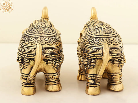 6" Carved Elephant Pair Brass Statue with Trunk Up | Handmade