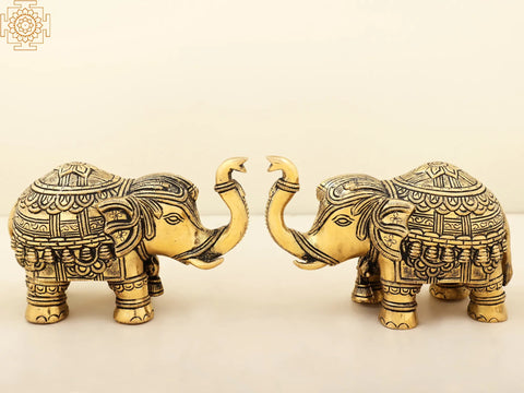 6" Carved Elephant Pair Brass Statue with Trunk Up | Handmade