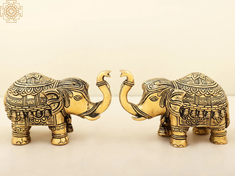 6" Handmade Carved Elephant Pair Brass Statue Trunk Up