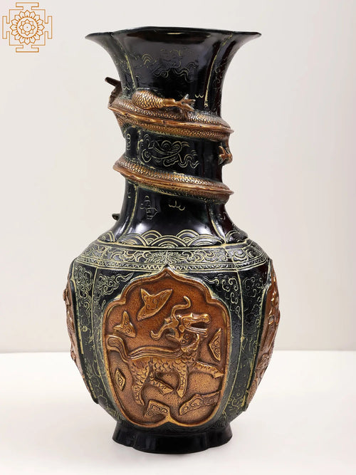 14" Handmade Brass Flower Vase with Dragon Carving