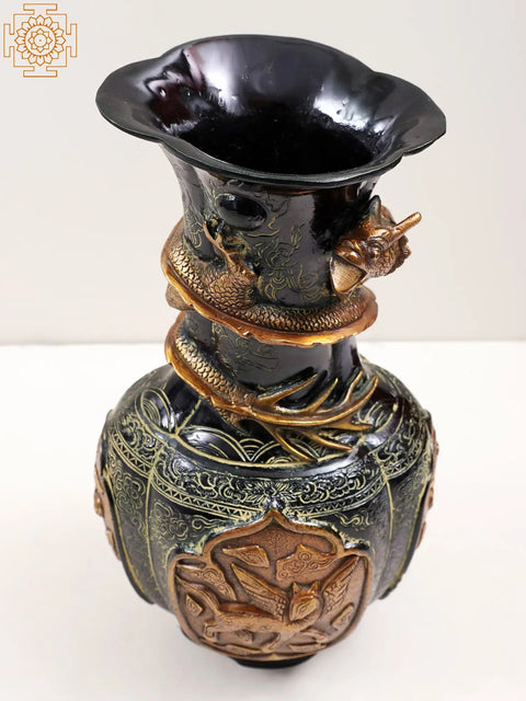 14" Brass Flower Vase with Dragon Carving | Handmade