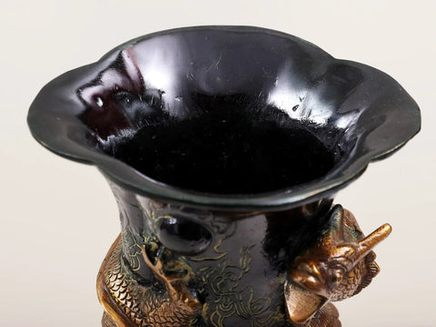 14" Brass Flower Vase with Dragon Carving | Handmade