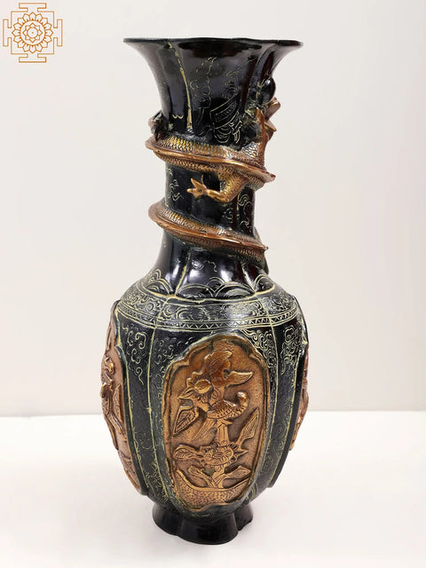 14" Brass Flower Vase with Dragon Carving | Handmade