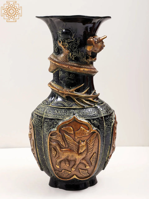 14" Brass Flower Vase with Dragon Carving | Handmade