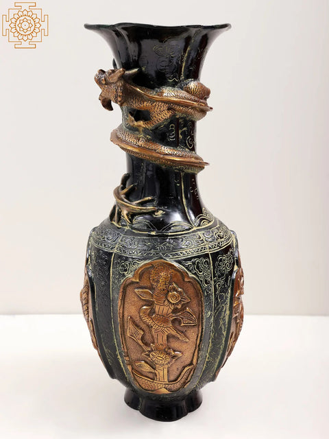 14" Brass Flower Vase with Dragon Carving | Handmade