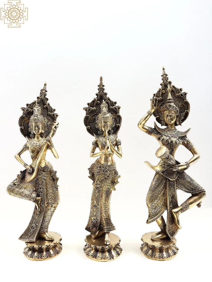 21" Thai Musician Ladies Brass Statues for Home Decor