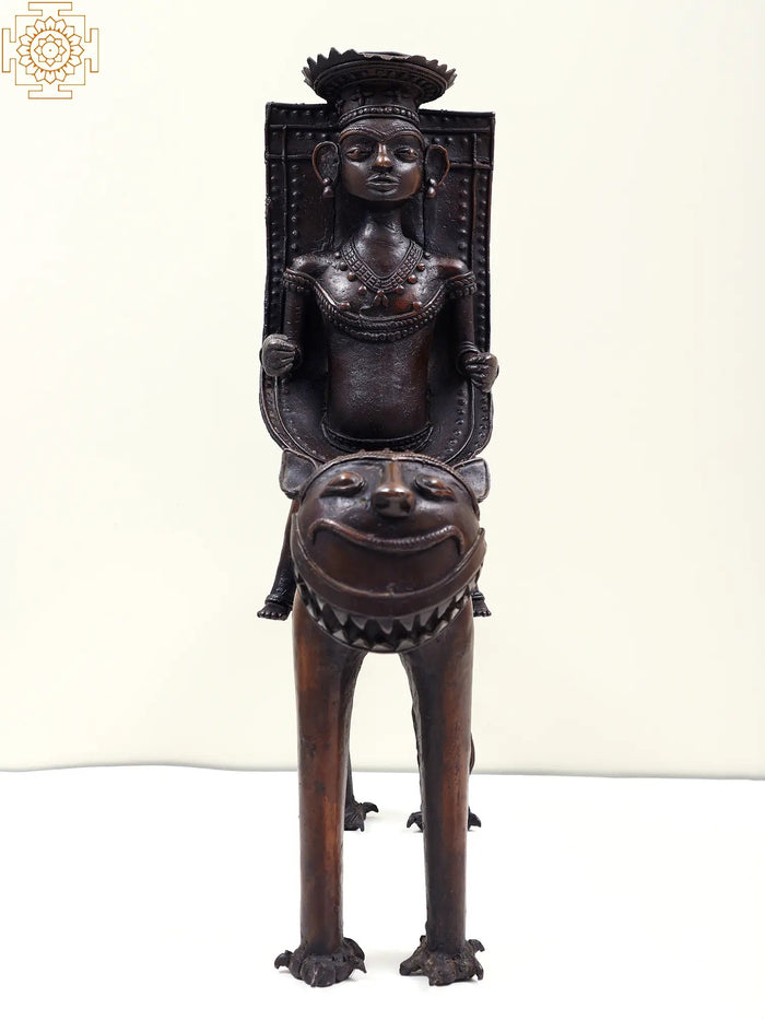 17" Handmade Dhokra Tribal Man Sitting on Lion Brass Statue