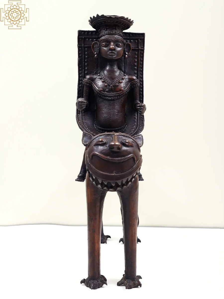 17" Handmade Dhokra Tribal Man Sitting on Lion Brass Statue