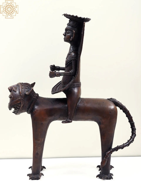 17" Dhokra Art Tribal Man Sitting on Lion | Handmade