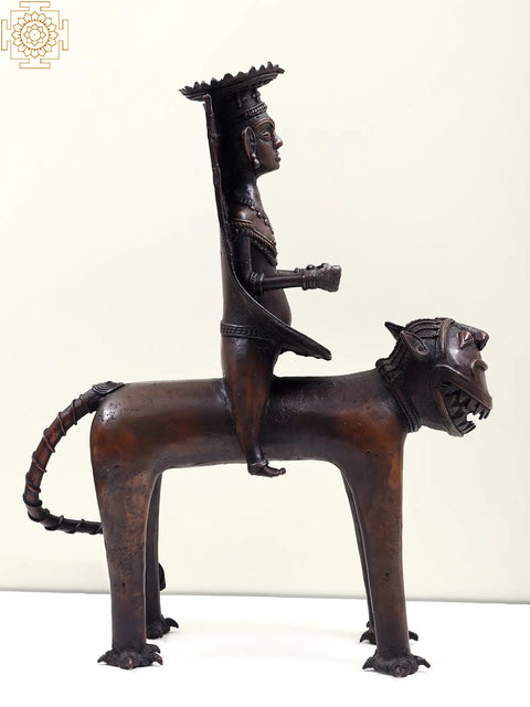 17" Dhokra Art Tribal Man Sitting on Lion | Handmade