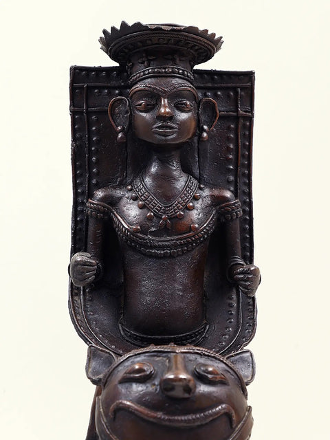 17" Dhokra Art Tribal Man Sitting on Lion | Handmade