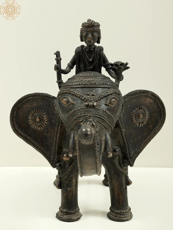 10" Brass Tribal Man Seated on Elephant Statue