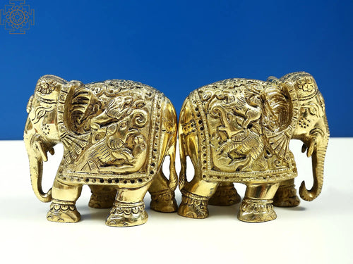 3" Small Brass Engraved Elephants Pair Statue