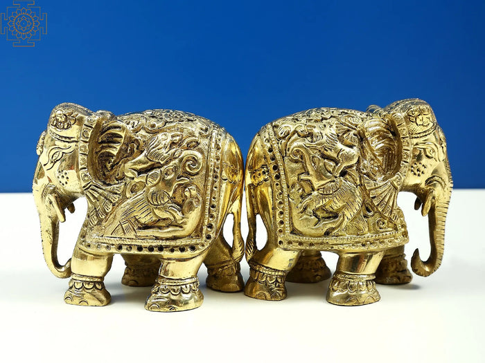 3" Small Brass Engraved Elephants Pair Statue