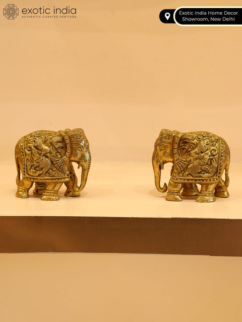 3" Small Brass Engraved Pair of Elephants