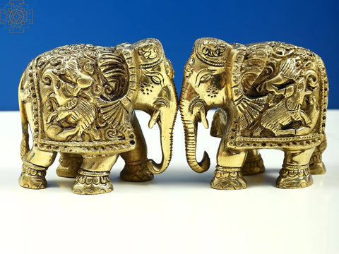 3" Small Brass Engraved Pair of Elephants
