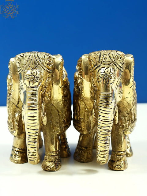3" Small Brass Engraved Pair of Elephants