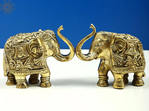 3" Small Engraved Pair of Elephants Statue with Trunk Up