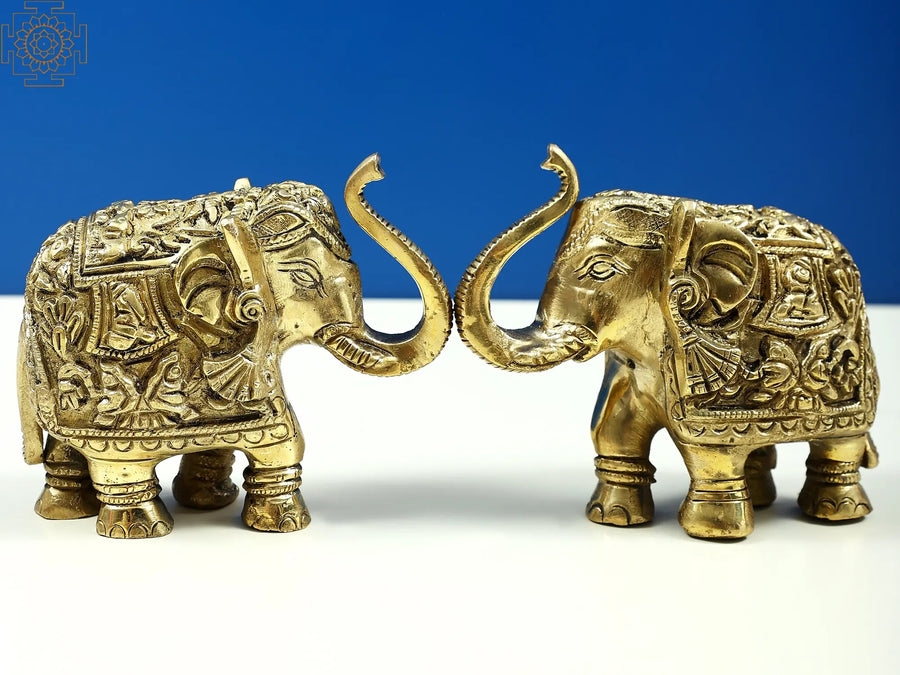 3" Small Brass Engraved Elephants Statue with Trunk Up