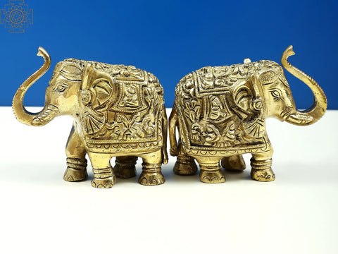 3" Small Engraved Pair of Elephants Statue with Trunk Up