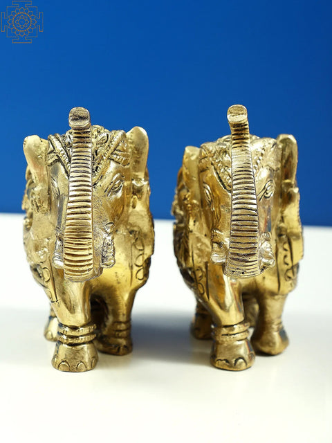 3" Small Engraved Pair of Elephants Statue with Trunk Up