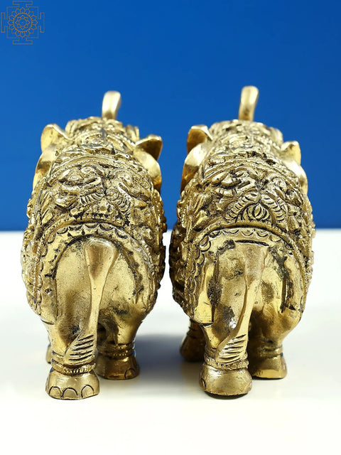 3" Small Engraved Pair of Elephants Statue with Trunk Up
