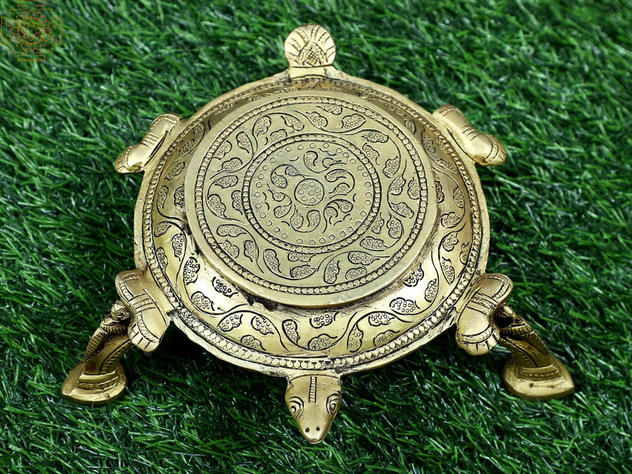 7" Brass Tortoise Chowki Statue for Home Decor